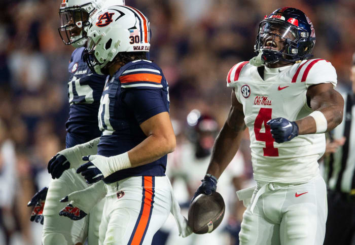 Mississippi Rebels running back Quinshon Judkins (4) celebrates a long run in the first quarter Auburn Tigers take on Mississippi Rebels at Jordan-Hare Stadium in Auburn, Ala., on Saturday, Oct. 21, 2023.